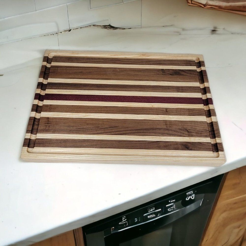 Handmade Rustic Joined Cutting Board Juice Groove Purple Heart Walnut Wood Handl